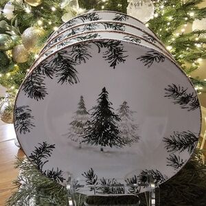 4 Winter Trees on White Dinner Plates 10.5" Ceramic Christmas Green Hobby Lobby